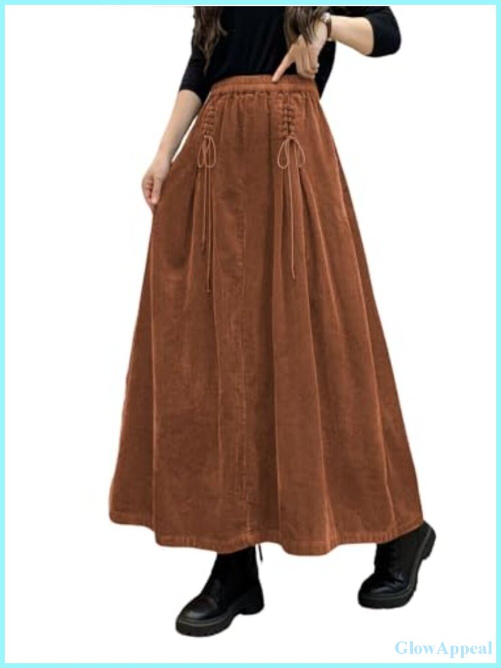 Corduroy Maxi Skirt Elastic High Waist Drawstring A-Line Pleated Long with